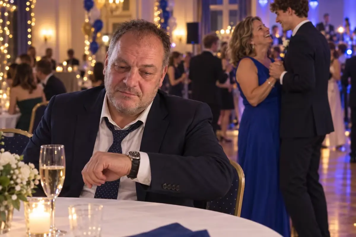 Eine Frau im blauen Kleid tanzt auf einem Abiball, ein Mann sitzt allein am Tisch und schaut auf die Uhr