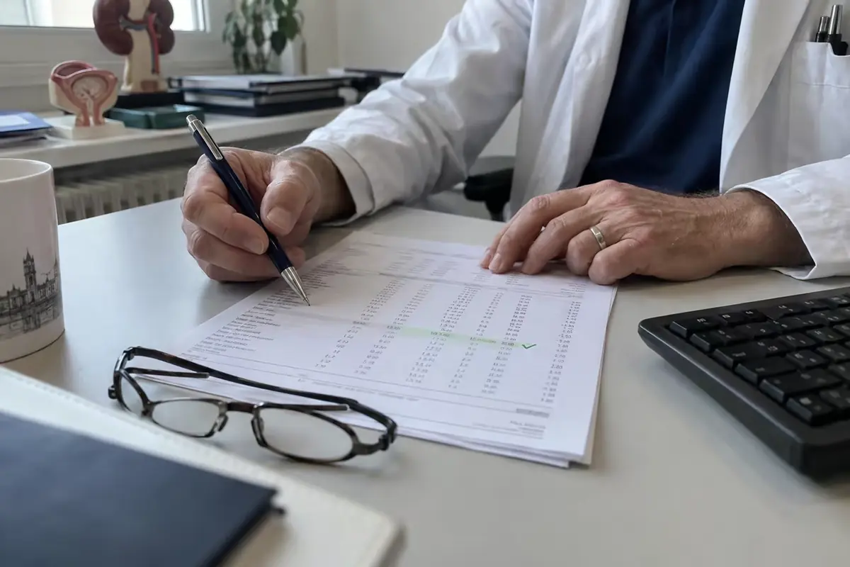 Ein Laborbefund mit dem Testosteronwert im Normbereich auf einem Arztschreibtisch