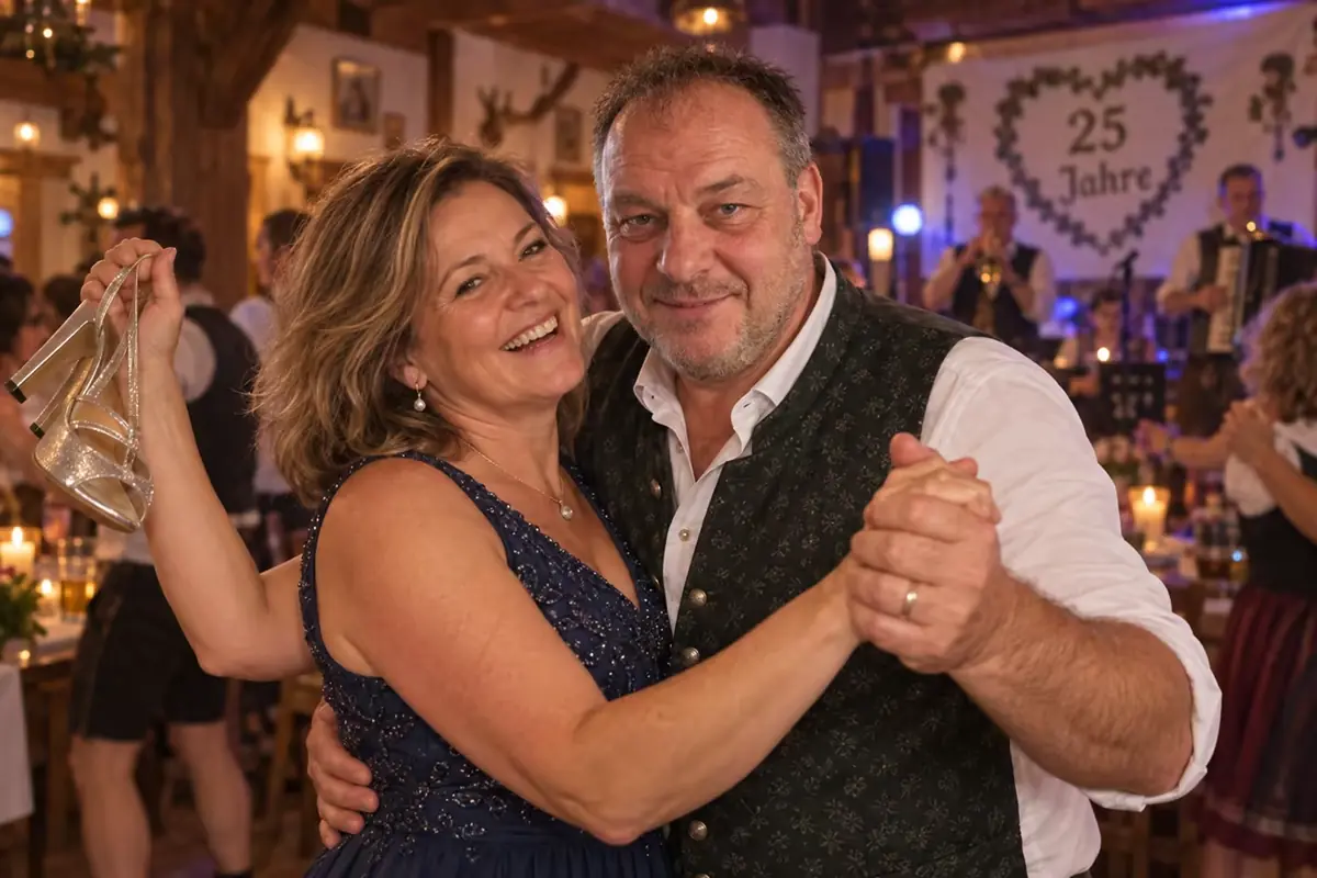 Ein Paar tanzt spät nachts ausgelassen auf seiner Silberhochzeit